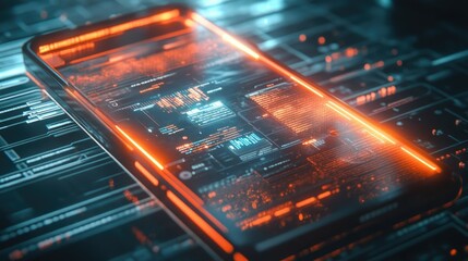 Aufkleber - A glowing mesh-like smartphone interface showing a business application, with dynamic holographic elements and sleek futuristic design
