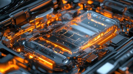 Poster - A layered view of an electric vehicle battery pack, showing intricate circuits and cooling mechanisms through transparent material