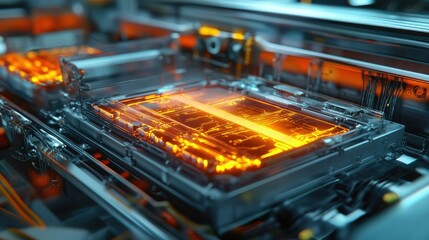 Poster - A layered view of an electric vehicle battery pack, showing intricate circuits and cooling mechanisms through transparent material