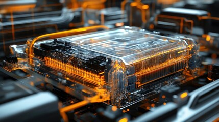 Poster - A layered view of an electric vehicle battery pack, showing intricate circuits and cooling mechanisms through transparent material