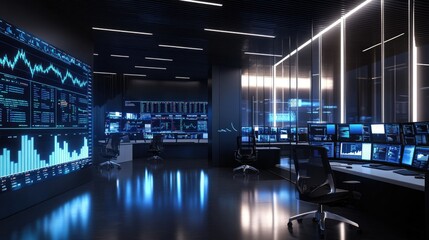Poster - A modern office setting with advanced data visualizations on screens, analyzing stock market volatility and risk factors in real-time