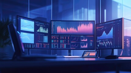 Poster - A modern office setting with advanced data visualizations on screens, analyzing stock market volatility and risk factors in real-time