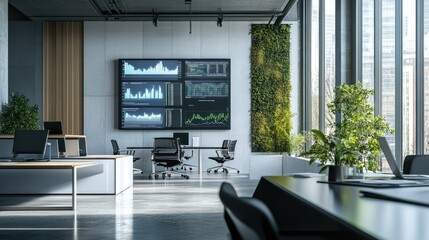 Poster - A modern office setting with advanced data visualizations on screens, analyzing stock market volatility and risk factors in real-time