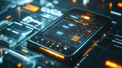 Poster - A smartphone screen with a glowing mesh interface displaying a business app, surrounded by high-tech dynamic elements and sleek visuals