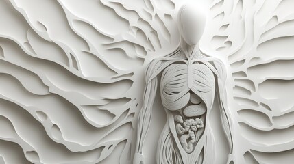 Poster - A stylized paper cut representation of the human body, with layered structures symbolizing anatomical systems in a digital, minimalist design