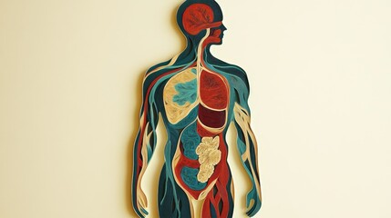 Poster - A stylized paper cut representation of the human body, with layered structures symbolizing anatomical systems in a digital, minimalist design