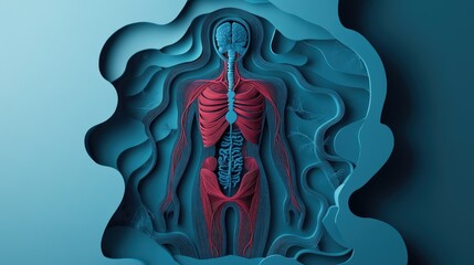 Poster - A stylized paper cut representation of the human body, with layered structures symbolizing anatomical systems in a digital, minimalist design