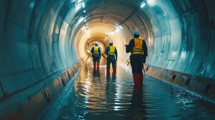 Poster - A team of engineers working on waterproofing methods for tunnels beneath water bodies, focusing on resilient infrastructure for utility networks