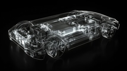 Poster - A transparent electric vehicle battery pack, highlighting complex internal circuits and cooling systems designed for optimal performance