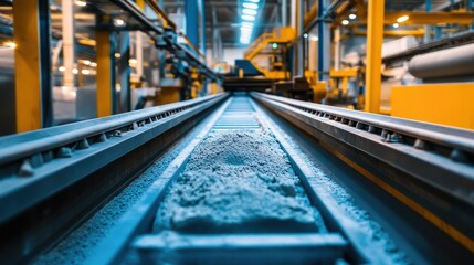 Poster - A wide shot of a factory conveyor belts carrying gypsum powder through the production line for construction material processing