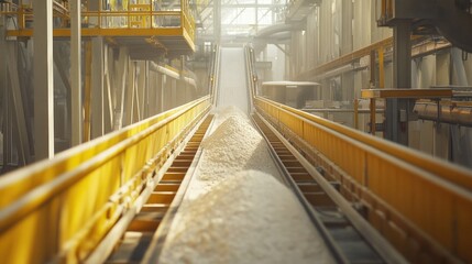 Poster - A wide shot of a factory conveyor belts carrying gypsum powder through the production line for construction material processing