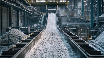 Poster - A wide shot of a factory conveyor belts carrying gypsum powder through the production line for construction material processing