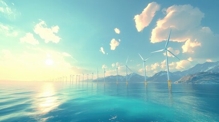 Poster - A wide-angle view of an offshore wind farm, showcasing turbines overlooking the ocean, generating clean power in a peaceful coastal environment