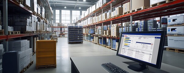 Poster - A warehouse interior with shelves of boxes and a computer workstation for inventory management.
