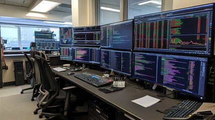 Poster - An office with large monitors displaying advanced data visualizations for assessing stock market volatility and risk in financial analysis
