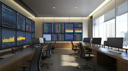 Poster - An office with large monitors displaying advanced data visualizations for assessing stock market volatility and risk in financial analysis
