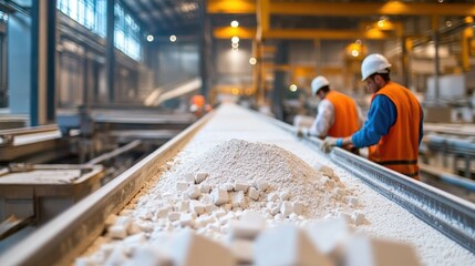 Poster - Conveyor belts moving gypsum powder in a large manufacturing facility, with workers overseeing the production of construction materials