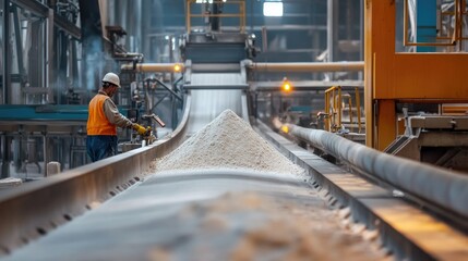 Poster - Conveyor belts moving gypsum powder in a large manufacturing facility, with workers overseeing the production of construction materials