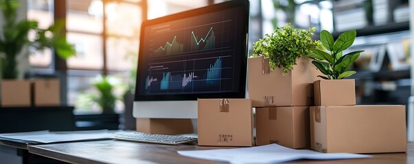  - A modern workspace with a computer displaying graphs and cardboard boxes for shipping.