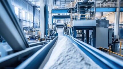 Poster - Conveyor belts in a manufacturing facility transporting gypsum powder, with machinery and construction materials processing in the background
