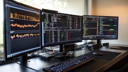 Poster - Data analysts using advanced data visualization tools on multiple monitors to track stock market volatility and assess risks