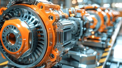 Poster - High-tech automotive engine components on a production line. Focus on detail and precision engineering.