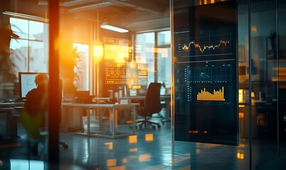  - Office interior with data analytics display and sunset lighting.