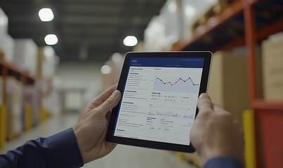 Poster - A person holding a tablet displaying data analytics in a warehouse setting.