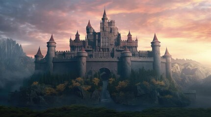 Wall Mural - A view of a castle surrounded by beautiful nature. 4k animated video