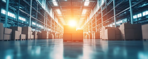 Poster - A spacious warehouse filled with stacked boxes, illuminated by warm sunlight.