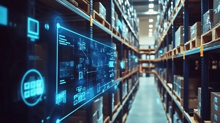 Poster - A high-tech warehouse with digital overlays displaying data and inventory management.