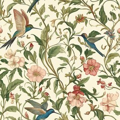 A seamless pattern of hummingbirds flying through a lush garden with pink flowers and green foliage on a cream background.