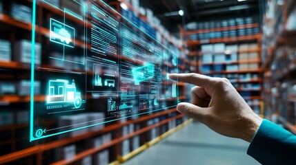 Poster - A hand interacts with a digital interface in a warehouse setting, showcasing logistics data.