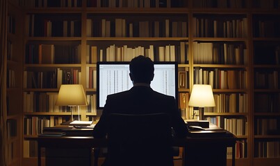 Aufkleber - A man sitting at a desk in front of a computer, surrounded by bookshelves in a dimly lit room.