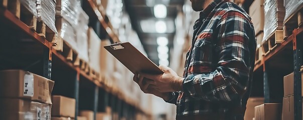 Poster - A person checking inventory in a warehouse filled with boxes.