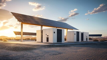 expansive solar power plant situated in a desert landscape featuring an array of solar panels and a 