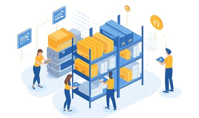 Poster - Illustration of people managing inventory in a warehouse setting.