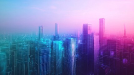 Wall Mural - futuristic city skyline at dawn, showcasing vibrant neon-lit skyscrapers and a hazy atmosphere.