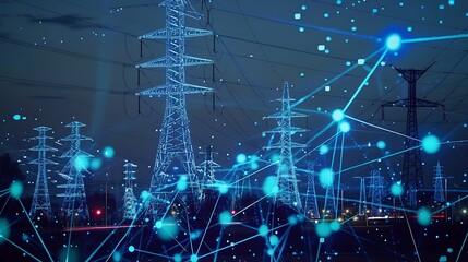 Fototapete - Night view of power transmission towers and lines with digital overlay for modern energy infrastructure and smart grid technology concept.