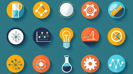 A collection of flat icons representing research and development, including a lightbulb, lab equipment, gears, and a graph