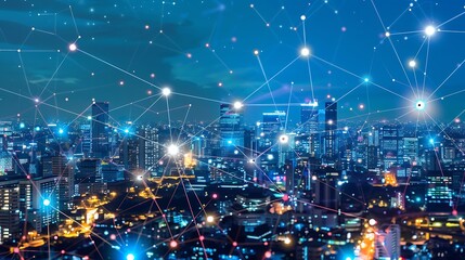 Poster - night cityscape with a network of connections illuminating the urban landscape. digital technology a