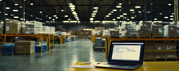 Poster - A laptop on a table in a warehouse filled with stacked boxes and shelves.