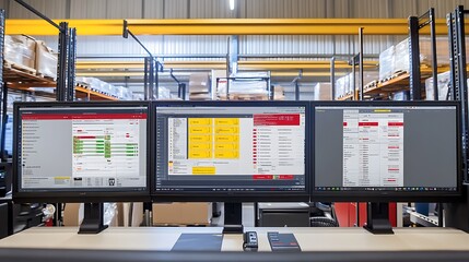 Poster - A workspace featuring three monitors displaying software interfaces for inventory management.