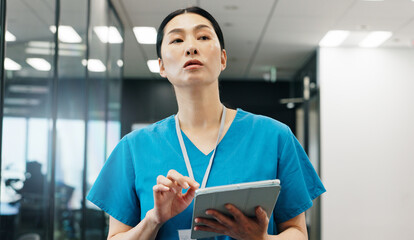 Poster - Nurse, tablet and clinic checking of Japanese woman with thinking, web document and medical checklist in hospital. Surgeon, nursing and online research for health, wellness and care with professional