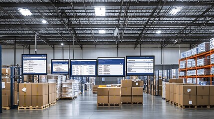 Poster - Warehouse interior with large screens displaying inventory management data.