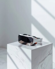 Poster - Closeup of modern vr glasses on smooth white table indoor setting technology showcase minimalist environment sharp focus for enhanced visual appeal