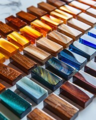 Poster - Artistic arrangement of colorful domino tiles indoor space close-up photography contemporary environment top-down view visual harmony and design inspiration