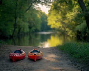 Wall Mural - Kayaks ready for a peaceful paddle. AI.