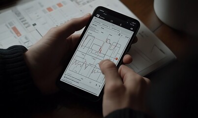 Aufkleber - A person using a smartphone to view data visualizations on a screen.