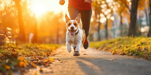 Canvas Print - Happy dog running with owner. AI.